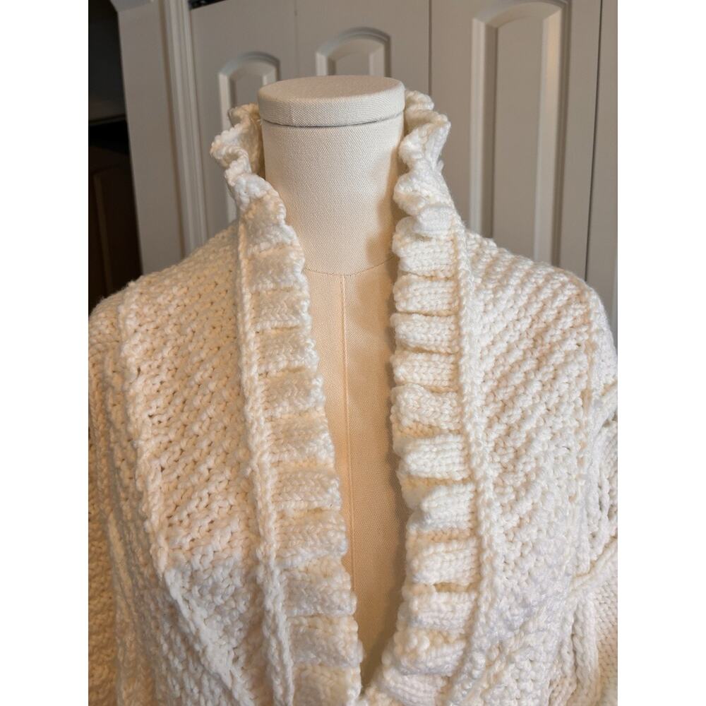 Handmade Crochet Cardigan Ivory Cableknit Chunky High Collar Luxury Toggle 2XL - Picture 3 of 10